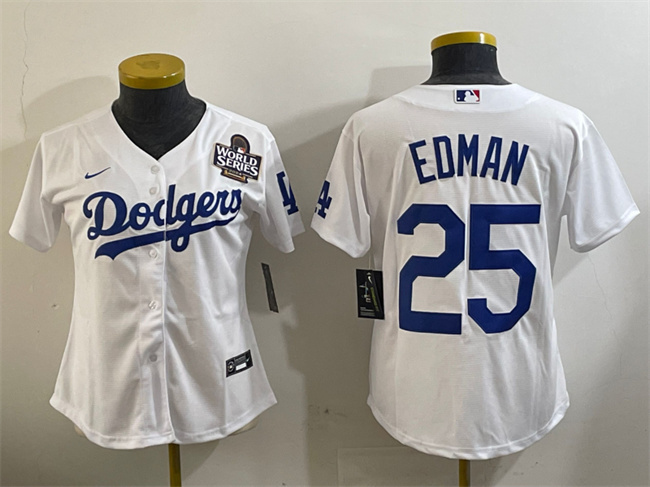 Women's Los Angeles Dodgers #25 Tommy Edman White 2024 World Series Cool Base Stitched Baseball Jersey(Run Small) Women's Los Angeles Dodgers #25 Tommy Edman White 2024 World Series Cool Base Stitched Baseball Jersey(Run Small)